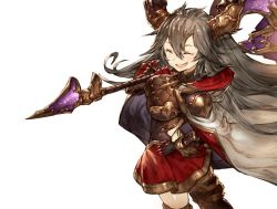 Rule 34 | 10s, 1girl, :d, benitama, breasts, cape, draph, fang, female focus, granblue fantasy, grey hair, hair between eyes, hand on own hip, horns, huge weapon, large breasts, long hair, open mouth, over shoulder, simple background, smile, solo, threo (granblue fantasy), weapon, weapon over shoulder, white background