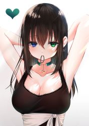 Rule 34 | 1girl, armpits, bad id, bad pixiv id, bare shoulders, black dress, blue eyes, breasts, brown hair, choker, cleavage, closed mouth, collarbone, commentary request, crescent choker, dress, earrings, glint, green choker, green eyes, hair tie, heart, heterochromia, highres, jewelry, lace, lace-trimmed dress, lace trim, large breasts, long hair, looking at viewer, mouth hold, original, ribbon, sidelocks, simple background, sleeveless, sleeveless dress, solo, upper body, white background, white ribbon, yoruhoshi owl