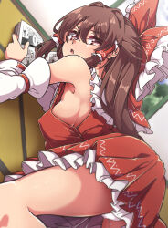 1girl absurdres ass book bow breasts brown_eyes brown_hair commentary_request covered_erect_nipples detached_sleeves frilled_bow frilled_hair_tubes frills gokuu_(acoloredpencil) hair_bow hair_tubes hakurei_reimu highres long_hair looking_at_viewer lying no_bra on_stomach open_book open_mouth red_bow red_skirt ribbon-trimmed_sleeves ribbon_trim sideboob skirt skirt_set solo tatami touhou