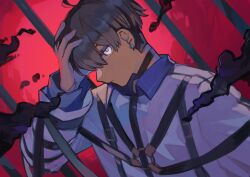 Rule 34 | 1boy, black background, black hair, blonde hair, closed mouth, expressionless, facing to the side, hand on own head, highres, kayano mikoto, looking at viewer, male focus, milgram, multicolored background, multicolored hair, prison cell, red background, solo, straitjacket, tyainu tt5, yellow eyes