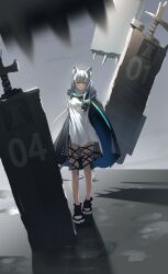 Rule 34 | 1girl, absurdres, animal ear fluff, animal ears, arknights, black cloak, black footwear, black gloves, blurry, blurry foreground, cat ears, cloak, commentary request, depth of field, dress, fingerless gloves, gloves, green eyes, grey hair, highres, looking at viewer, lycoris-fullbloom, outstretched arm, reflection, rosmontis (arknights), shoes, solo, standing, water, white dress