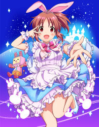 Rule 34 | 1girl, :d, abe nana, animal ears, apron, blue dress, blush, bow, bowtie, breasts, brooch, brown eyes, brown hair, castle, dot nose, dress, fake animal ears, frilled apron, frilled dress, frills, glass slipper, gradient background, heart, heart brooch, idolmaster, idolmaster cinderella girls, idolmaster cinderella girls starlight stage, jewelry, leg up, looking at viewer, medium breasts, open hand, open mouth, pink bow, pink bowtie, ponytail, rabbit, rabbit ears, reaching, reaching towards viewer, robot, ruo (cruzada), scrunchie, short hair, short sleeves, silhouette, smile, solo, sparkle, standing, standing on one leg, tiara, usa-chan robot (idolmaster), v, waist bow, white apron, white bow, wrist scrunchie