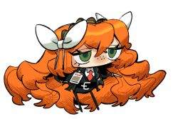 Rule 34 | 1girl, belt, black belt, black jacket, bow, brown hairband, chibi, collared shirt, deformed, freckles, full body, green eyes, hair bow, hairband, hand up, id card, ishmael (project moon), jacket, limbus company, long hair, maipll two, necktie, orange hair, project moon, red necktie, rope, shirt, solo, very long hair, white bow, white shirt