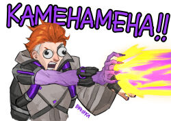 Rule 34 | !, !!, 1girl, artist name, breikka, coat, commentary, dragon ball, dragonball z, english commentary, googly eyes, incoming attack, kamehameha (dragon ball), long sleeves, moira (overwatch), multicolored hair, nail polish, open mouth, orange hair, overwatch, overwatch 2, purple nails, short hair, simple background, solo, streaked hair, teeth, v-shaped eyebrows, veins, white background