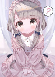 1girl absurdres black_footwear blush bow braid dress earrings flat_chest grey_eyes grey_hair hair_bow hair_ribbon hairband hands_on_lap highres hisakawa_nagi idolmaster idolmaster_cinderella_girls jewelry kneeling looking_at_viewer nightgown pinafore_dress pink_dress pink_nightgown ribbon seiza simple_background single_braid sitting sleeveless_dress solo twintails yata_(yatao_zzz)