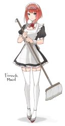 Rule 34 | 1girl, alternate costume, apron, ark royal (kancolle), black dress, blue eyes, blunt bangs, bob cut, commentary request, dress, english text, enmaided, flower, frilled apron, frills, full body, garter straps, hairband, kantai collection, looking at viewer, maid, maid headdress, mop, red flower, red hair, red ribbon, red rose, ribbon, rose, short dress, short hair, simple background, solo, standing, thighhighs, tiara, white apron, white background, yamashichi (mtseven), zettai ryouiki