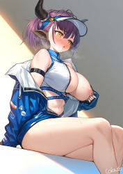 Rule 34 | 1girl, animal ears, areola slip, arknights, arm strap, artist name, blue jacket, blush, breasts, breath, cokuto1, commentary, covered erect nipples, cow ears, cow girl, cow horns, embarrassed, feet out of frame, from side, furrowed brow, hair between eyes, half updo, hat, heavy breathing, horns, jacket, large breasts, navel, nipples, off shoulder, official alternate costume, one breast out, open clothes, open jacket, open mouth, orange eyes, partially unzipped, purple hair, self exposure, shade, short hair, sideroca (arknights), sideroca (light breeze) (arknights), signature, sitting, skindentation, sleeveless, solo, stomach, sweat, sweatdrop, thighs, visor cap, white hat, zipper