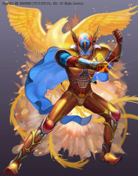 Rule 34 | 1boy, armor, bird, blue cape, bodysuit, boots, cape, clenched hands, emperors saga, facing viewer, fire, full armor, full body, glint, helmet, highres, jewelry, legs together, liduke, male focus, orange bodysuit, phoenix, pointy footwear, ring, sentai, solo, standing