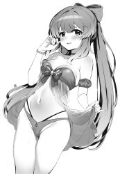 Rule 34 | 1girl, absurdres, bare shoulders, blunt bangs, blush, bow, bow-shaped hair, breasts, cleavage, clothes lift, genshin impact, greyscale, highres, lifted by self, light smile, long hair, looking at viewer, medium breasts, monochrome, navel, parted lips, piano-alice, sangonomiya kokomi, solo, standing, swimsuit, thighs, white background