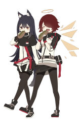 2girls absurdres animal_ear_fluff animal_ears arknights black_capelet black_footwear black_gloves black_hair black_skirt capelet closed_eyes detached_wings eating energy_wings exusiai_(arknights) fingerless_gloves food gloves hair_over_one_eye halo highres holding holding_food jacket long_hair multiple_girls pantyhose pantyhose_under_shorts penguin_logistics_(arknights) red_hair sandwich shoes short_hair shorts sima_(164s25) simple_background skirt sneakers striped_clothes striped_shorts submarine_sandwich tail texas_(arknights) vertical-striped_clothes vertical-striped_shorts white_jacket wings wolf_ears wolf_girl wolf_tail