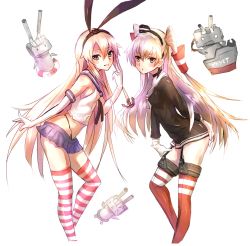 Rule 34 | 10s, 2girls, :o, amatsukaze (kancolle), bare shoulders, black panties, blonde hair, breasts, brown eyes, choker, deluxe&lt;&lt;&lt;, dress, elbow gloves, garter straps, gloves, grin, hairband, hand on own ass, hand on own thigh, hat, highleg, highleg panties, highres, kantai collection, leaning forward, long hair, multiple girls, open mouth, panties, red legwear, rensouhou-chan, rensouhou-kun, sailor dress, shimakaze (kancolle), silver hair, skirt, small breasts, smile, striped clothes, striped legwear, striped thighhighs, thighhighs, two side up, underwear, white gloves