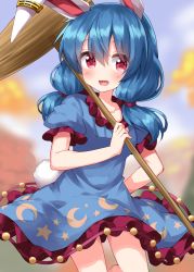 Rule 34 | 1girl, animal ears, blue dress, blue hair, blush, crescent print, dress, earclip, feet out of frame, frilled dress, frilled sleeves, frills, highres, holding, kine, long hair, looking at viewer, mallet, open mouth, puffy short sleeves, puffy sleeves, rabbit ears, red eyes, ruu (tksymkw), seiran (touhou), short sleeves, smile, solo, star (symbol), star print, touhou