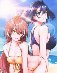 Rule 34 | 2girls, ahoge, beach, bikini, blue bikini, blue eyes, blue hair, bow, bow earrings, breasts, brown eyes, brown hair, cleavage, cloud, cloudy sky, earrings, feather hair ornament, feathers, flat color, grin, hair intakes, hair ornament, hairclip, highres, hololive, hololive english, jewelry, large breasts, light rays, long hair, looking at viewer, medium breasts, multicolored hair, multiple girls, nanashi mumei, ocean, ouro kronii, ponytail, sand, short hair, sk jynx, sky, smile, streaked hair, sun, sunlight, swimsuit, very long hair, virtual youtuber, yellow bikini