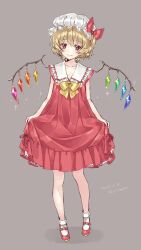 Rule 34 | 1girl, adapted costume, bow, bowtie, closed mouth, collarbone, crystal, dated, dress, flandre scarlet, frilled shirt collar, frills, full body, grey background, hair between eyes, happy, hat, head tilt, highres, jiinyo (awamoe1207), light smile, looking at viewer, mary janes, mob cap, multicolored wings, one side up, red dress, red eyes, red footwear, shoes, short hair, skirt hold, socks, solo, touhou, twitter username, white hat, white socks, wings, yellow bow, yellow bowtie
