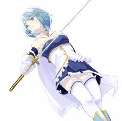 Rule 34 | 1girl, blue eyes, blue hair, blue skirt, cape, closed mouth, commentary request, foot out of frame, fortissimo, from below, gloves, hair ornament, holding, holding sword, holding weapon, magical girl, mahou shoujo madoka magica, mahou shoujo madoka magica (anime), miki sayaka, miki sayaka (magical girl), musical note, musical note hair ornament, short hair, simple background, skirt, solo, sword, thighhighs, un nm5sy, weapon, white background, white cape, white gloves, white thighhighs