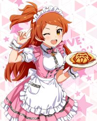 Rule 34 | 1girl, :d, apron, blush, bow, bowtie, butterfly ornament, cowboy shot, dot nose, dress, eyelashes, food, food art, frilled apron, frilled skirt, frills, high side ponytail, holding, holding plate, idolmaster, idolmaster million live!, idolmaster million live! theater days, ketchup, looking at viewer, maid headdress, official alternate costume, official art, ogami tamaki, omelet, omurice, one eye closed, open mouth, orange eyes, orange hair, parted bangs, pink bow, pink bowtie, pink dress, plate, pointing, pointing up, pretty waitress (idolmaster), puffy short sleeves, puffy sleeves, shirt, short sleeves, sidelocks, skirt, smile, solo, standing, star (symbol), starry background, straight hair, teeth, thighhighs, upper body, v-shaped eyebrows, waist apron, waitress, white apron, white shirt, white thighhighs, wrist cuffs