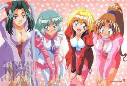 Rule 34 | 1990s (style), 4girls, aqua hair, arm support, blonde hair, blue eyes, blush, breasts, brown hair, canal vorfeed, carly, cleavage, dress, earrings, embarrassed, female focus, garter belt, green eyes, green hair, happy, jacket, jewelry, kali, large breasts, leaning, leaning forward, long hair, long sleeves, lost universe, maid, millennium feria nocturne, multiple girls, naughty face, nina mercury, open mouth, pants, ponytail, purple eyes, short hair, shy, skirt, smile, thighhighs, twintails, uniform, very long hair