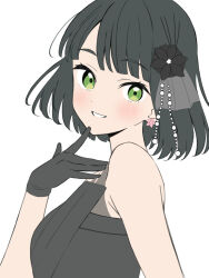 1girl :d black_dress black_flower black_gloves black_hair blunt_bangs blush breasts commentary dress earrings flower flower_earrings gloves grin hair_flower hair_ornament hand_on_own_chin hashtag-only_commentary jewelry link!_like!_love_live! looking_at_viewer love_live! masaki_(masakinariya) medium_breasts momose_ginko momose_ginko_(16th_birthday) official_alternate_costume open_mouth short_hair simple_background sleeveless sleeveless_dress smile solo upper_body virtual_youtuber white_background