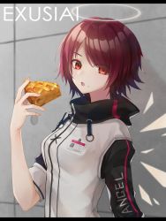 Rule 34 | 1girl, :o, apple pie, arknights, breasts, character name, commentary request, exusiai (arknights), eyes visible through hair, food, halo, hand up, high collar, highres, holding, holding food, id card, indoors, jacket, letterboxed, looking at viewer, medium breasts, open mouth, ougi (u to4410), partial commentary, pie, raglan sleeves, red eyes, red hair, short hair, short sleeves, solo, upper body, white jacket