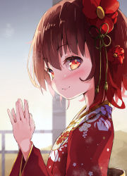 Rule 34 | 1girl, blush, brown hair, closed mouth, fingernails, floral print, from side, hair between eyes, highres, japanese clothes, kantai collection, kimono, long sleeves, mutsuki (kancolle), nyahu (nyahu 77), print kimono, red eyes, red kimono, short hair, smile, solo, wide sleeves