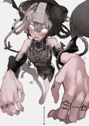 Rule 34 | absurdres, armpit crease, bandaged arm, bandages, barefoot, black hair, black hat, blush, braid, braided hair rings, breasts, bright pupils, chain, chinese clothes, commentary request, daruma doll, double bun, dress, drooling, eyelashes, fangs, finger tattoo, foreshortening, from above, gaku, grey background, grey hair, hair bun, hat, highres, jiangshi, long hair, looking at viewer, looking up, medium breasts, multicolored hair, ofuda, open mouth, original, outstretched arms, reaching, reaching towards viewer, shadow, short eyebrows, side slit, sleeveless, sleeveless dress, tattoo, thick eyebrows, translation request, twitter username, two-tone hair, white eyes, white pupils, zombie pose