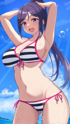 Rule 34 | 1girl, birthday, blue hair, highres, long hair, looking at viewer, love live!, love live! sunshine!!, matsuura kanan, mobukichi, open mouth, ponytail, purple eyes, smile, solo, swimsuit