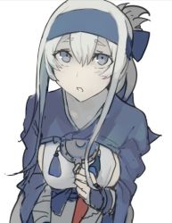 Rule 34 | 10s, 1girl, ainu clothes, bandana, blue eyes, blush, breasts, cropped jacket, dress, folded ponytail, headband, kamoi (kancolle), kantai collection, long hair, long sleeves, looking at viewer, looking back, lowres, sidelocks, simple background, sleeveless, sleeveless dress, solo, thick eyebrows, walzrj, white background, white dress, white hair, wrist guards
