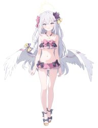 Rule 34 | 1girl, absurdres, angel wings, azusa (blue archive), azusa (swimsuit) (blue archive), bikini, black bikini, black bow, blue archive, blush, bow, feathered wings, feet, flat chest, flower, frilled bikini, frills, hair between eyes, hair flower, hair ornament, halo, highres, jyt, legs, long hair, looking at viewer, navel, official alternate costume, open mouth, pink bikini, pink bow, pink eyes, purple flower, sandals, simple background, smile, solo, swimsuit, toenails, toes, white background, white hair, white wings, wings, yellow halo