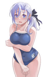 Rule 34 | 1girl, black ribbon, blue hair, blue one-piece swimsuit, breasts, closed eyes, collarbone, commentary request, commission, competition school swimsuit, cowboy shot, hair ribbon, highres, indie virtual youtuber, kokoa amethyst, large breasts, leaning forward, light blue hair, long hair, nikulas cage, one-piece swimsuit, pixiv commission, purple eyes, ribbon, school swimsuit, side ponytail, simple background, solo, swimsuit, virtual youtuber, white background