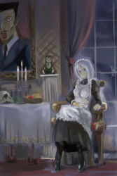 Rule 34 | 00s, 1girl, apron, black dress, black hair, black pantyhose, candle, chair, dress, facial hair, fire, full body, futaba channel, indoors, jissouseki, juliet sleeves, long sleeves, looking at viewer, maid, maid apron, michael f91, mustache, painting (object), pantyhose, puffy long sleeves, puffy sleeves, rozen maiden, simple background, solo, table, tablecloth, wax, window