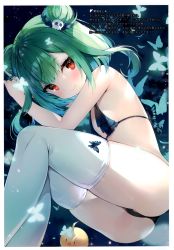 Rule 34 | 1girl, absurdres, ass, ayamy, bare shoulders, blush, bra, bug, butterfly, closed mouth, double bun, flat chest, green hair, hair bun, hair ornament, highres, hololive, insect, lips, looking at viewer, panties, red eyes, scan, simple background, skull hair ornament, thighhighs, thighs, underwear, underwear only, uruha rushia, virtual youtuber