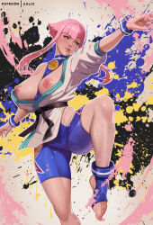 Rule 34 | 1girl, between breasts, blue eyes, breasts, clothes between breasts, dougi, exlic, feet, highres, hime cut, hip vent, large breasts, leg up, manon legrand, martial arts belt, nipples, open clothes, panty straps, pink hair, sidelocks, solo, spandex, stirrup footwear, stirrup legwear, street fighter, street fighter 6, toeless legwear, wristband