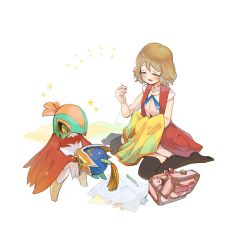 Rule 34 | 1girl, bare arms, blue ribbon, blush, box, brown thighhighs, closed eyes, collarbone, commentary request, creatures (company), eraser, eyelashes, game freak, gen 6 pokemon, harvest88, hawlucha, highres, holding, light brown hair, neck ribbon, needle, nintendo, open mouth, paper, pencil, pokemon, pokemon (anime), pokemon (creature), pokemon xy (anime), ribbon, serena (pokemon), sewing needle, short hair, sitting, sleeveless duster, smile, sparkle, thighhighs, wariza
