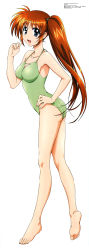 Rule 34 | 00s, 1girl, :d, absurdres, armpits, ass, barefoot, blue eyes, breasts, brown hair, casual one-piece swimsuit, cleavage, cleavage cutout, clothing cutout, feet, fingernails, from side, full body, green one-piece swimsuit, hand on own hip, highres, kneepits, large breasts, legs, long fingernails, long hair, long image, long legs, looking at viewer, lyrical nanoha, mahou shoujo lyrical nanoha, mahou shoujo lyrical nanoha strikers, official art, okuda yasuhiro, one-piece swimsuit, open mouth, orange hair, purple eyes, red hair, scan, scrunchie, side ponytail, simple background, smile, soles, solo, standing, stick poster, swimsuit, takamachi nanoha, tall image, very long hair, white background
