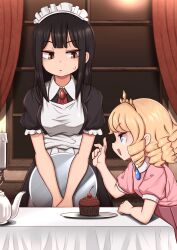 Rule 34 | 2girls, apron, black dress, black hair, blonde hair, blue eyes, blush, brown eyes, candle, cupcake, dress, drill hair, food, highres, holding, holding tray, indoors, lemon snail, long hair, looking at another, maid, maid headdress, multiple girls, open mouth, original, pink dress, plate, short sleeves, table, tray, white apron, window