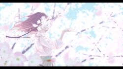 Rule 34 | 1girl, absurdres, blurry, blurry foreground, brown hair, cherry blossoms, commentary, covering face, fantasy, hand up, highres, letterboxed, medium hair, nengoro, original, outdoors, petals, pink shirt, scenery, shirt, solo, upper body