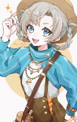Rule 34 | 1girl, :d, bag, blue eyes, blue ribbon, blue sleeves, boater hat, bracelet, braid, brown headwear, brown shorts, circle, cowboy shot, grey hair, hair ribbon, hair rings, hand on headwear, hand on own hip, hand up, highres, jewelry, looking at viewer, matilda bouanich, matilda bouanich (the genius&#039;s holiday), o mgr6, open mouth, overall shorts, overalls, reverse:1999, ribbon, shirt, short eyebrows, shorts, shoulder bag, shrug (clothing), smile, solo, sparkle, teeth, twin braids, twitter username, upper teeth only, white background, white shirt, yellow background