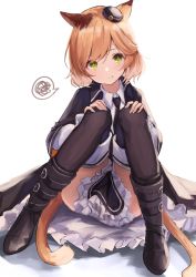 Rule 34 | 1girl, :t, animal ears, arknights, black jacket, black skirt, black thighhighs, blonde hair, boots, cat ears, cat girl, cat tail, collared shirt, frilled skirt, frills, green eyes, highres, jacket, knees up, konome noi, looking at viewer, miniskirt, mousse (arknights), multiple tails, pout, shirt, short hair, simple background, sitting, skirt, solo, spoken squiggle, squiggle, tail, thighhighs, two tails, white background, white shirt