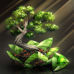 Rule 34 | bonsai, cluseller, crystal, gem, green gemstone, green theme, grey background, light particles, light rays, no humans, original, reflection, rock, simple background, still life, tree