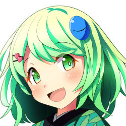 Rule 34 | 1girl, :d, bad id, bad pixiv id, blush, green eyes, green hair, hair ornament, hairclip, head tilt, heart, heart hair ornament, japanese clothes, kimono, komeiji koishi, looking at viewer, lowres, matching hair/eyes, oimo (imoyoukan), open mouth, portrait, short hair, smile, solo, tareme, touhou