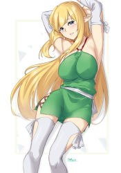 Rule 34 | 1girl, armpits, arms up, blonde hair, blue eyes, breasts, detached sleeves, dress, elf, from above, halterneck, large breasts, long hair, long sleeves, looking at viewer, lying, on back, parted lips, pointy ears, saruno (eyesonly712), short dress, sideboob, sleeveless, sleeveless dress, solo, thighhighs, tiffania westwood, very long hair, white background, white sleeves, white thighhighs, zero no tsukaima, zettai ryouiki