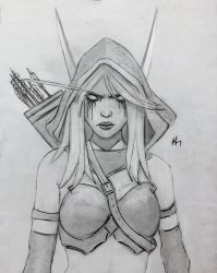Rule 34 | absurdres, angry, arrow (projectile), bare shoulders, highres, hood, huge filesize, long hair, simple background, solo, sylvanas windrunner, warcraft, warcraft iii, warcraft iii