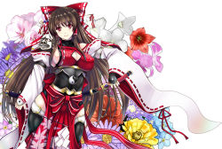 Rule 34 | 1girl, adapted costume, armor, armored dress, bad id, bad pixiv id, bow, breasts, brown hair, cleavage, cleavage cutout, clothing cutout, detached sleeves, female focus, floral background, flower, forget-me-not (flower), hair bow, hair ornament, hair tubes, hairpin, hakurei reimu, japanese clothes, large breasts, long hair, miko, mugen houteishiki, mugenshiki, obi, red eyes, sash, sideboob, solo, sword, thighhighs, touhou, weapon, yin yang