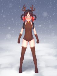 Rule 34 | 1girl, ace attorney, antlers, aposine, bell, black hair, blush, boots, brown gloves, brown leotard, brown thighhighs, christmas, clenched hand, clenched teeth, collar, covered navel, embarrassed, facial mark, forehead mark, full body, gloves, green eyes, hair rings, highres, horns, leotard, long hair, looking at viewer, neck bell, nose blush, parted bangs, phoenix wright: ace attorney - spirit of justice, rayfa padma khura&#039;in, sidelocks, snow, snowing, solo, standing, tattoo, teeth, thigh boots, thighhighs