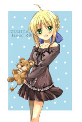 Rule 34 | 00s, 1girl, artoria pendragon (all), artoria pendragon (fate), blonde hair, breasts, casual, fate/stay night, fate (series), green eyes, izumi rei, official alternate costume, saber (fate), skirt, small breasts, solo, stuffed animal, stuffed lion, stuffed toy