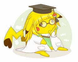 Rule 34 | 1girl, artist request, bespectacled, blonde hair, blunt bangs, bow, brown eyes, cosplay, cosplay pikachu, creatures (company), furry, game freak, gen 1 pokemon, glasses, hair bow, hat, lab coat, mortarboard, nintendo, no humans, pikachu, pikachu ph. d, pokemon, pokemon (creature), round eyewear, sitting, tail