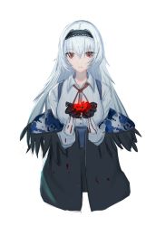 Rule 34 | 1girl, anming, black hairband, black jacket, black skirt, blood, blood on clothes, blood on hands, blue hair, breasts, closed mouth, clothes pull, flower, girls&#039; frontline, hair between eyes, hairband, highres, holding, holding flower, jacket, jacket pull, light blue hair, long hair, looking at viewer, medium breasts, neck ribbon, red eyes, red ribbon, ribbon, shirt, skirt, solo, suspender skirt, suspenders, thunder (girls&#039; frontline), white background, white shirt