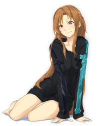 Rule 34 | 1girl, arm support, asuna (sao), barefoot, black sweater, brown eyes, brown hair, collarbone, copyright name, full body, long hair, looking at viewer, naked sweater, print sweater, saruno (eyesonly712), simple background, sitting, sketch, smile, solo, sweater, sword art online, very long hair, white background