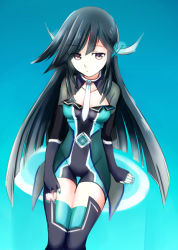 Rule 34 | 10s, 1girl, alternate costume, alys, aqua background, arm support, black eyes, black hair, blue background, bodysuit, breasts, cevio, circle, cleavage cutout, clothing cutout, fingerless gloves, gloves, gradient background, hair ornament, hand on leg, hand on own thigh, hayashimo (kancolle), kantai collection, long hair, looking at viewer, nail polish, necktie, sitting, small breasts, swept bangs, thigh gap, thighhighs, ude, unitard, very long hair, vocaloid, yellow eyes, zettai ryouiki
