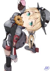 Rule 34 | 10s, 1girl, anchor hair ornament, aqua eyes, black thighhighs, blonde hair, breasts, cross, doughnut, food, hair ornament, hat, highres, iron cross, kantai collection, long hair, looking up, microskirt, military, military uniform, mouth hold, peaked cap, prinz eugen (kancolle), simple background, skirt, solo, takumin (takumi415), thighhighs, twintails, uniform, white background